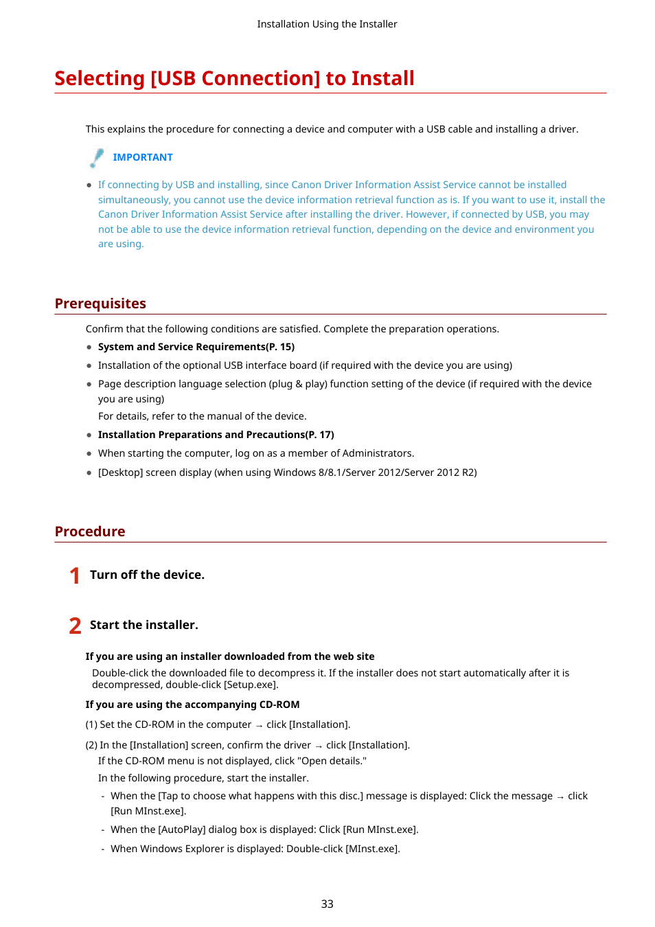 Selecting [usb connection] to install, Selecting [usb connection] to install(p. 33), Prerequisites | Procedure | Canon i-SENSYS MF244dw User Manual | Page 36 / 85