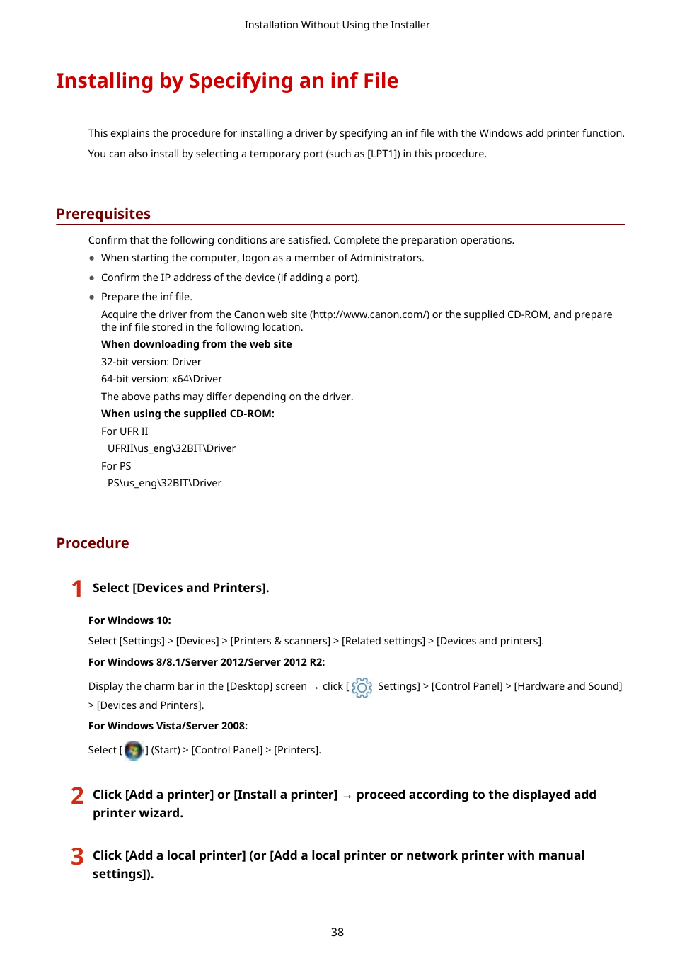 Installing by specifying an inf file, Installing by specifying an inf file(p. 38) | Canon i-SENSYS MF244dw User Manual | Page 41 / 85