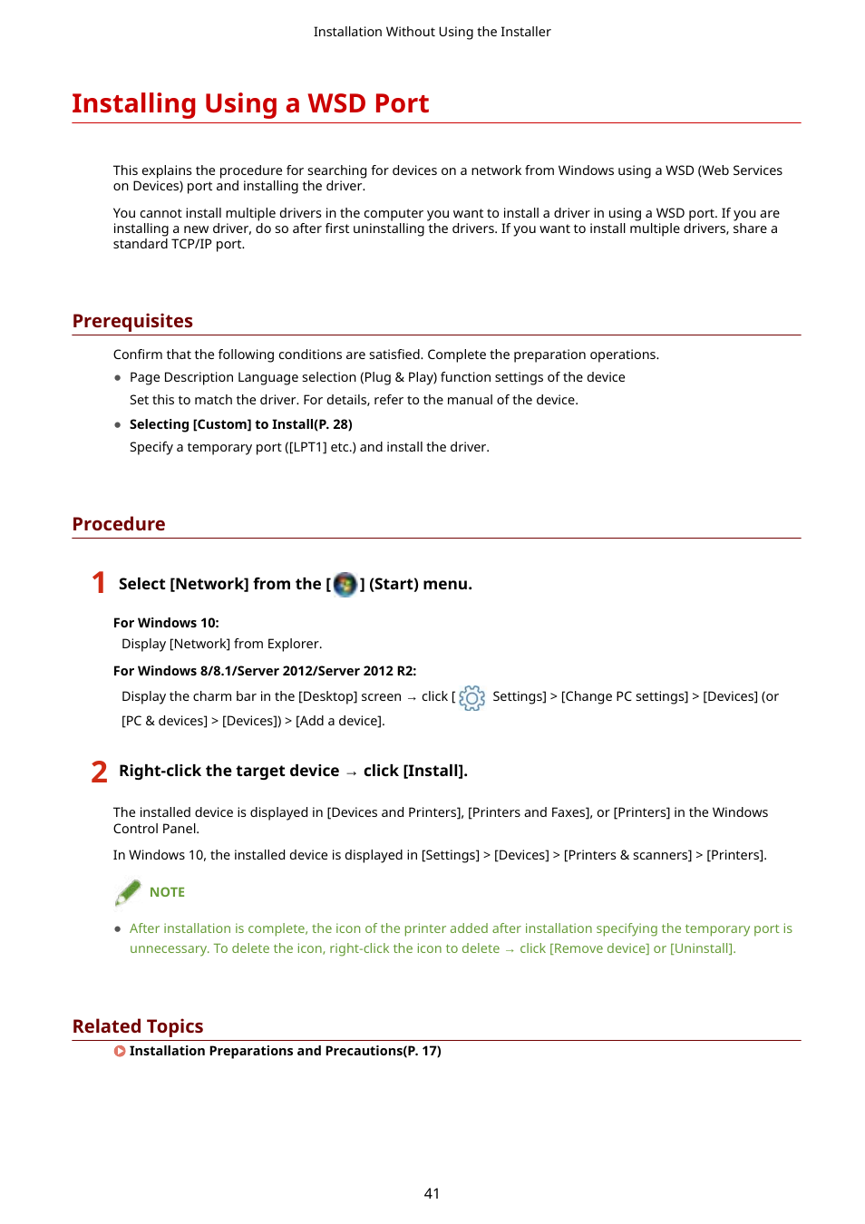 Installing using a wsd port, Prerequisites, Procedure | Related topics | Canon i-SENSYS MF244dw User Manual | Page 44 / 85