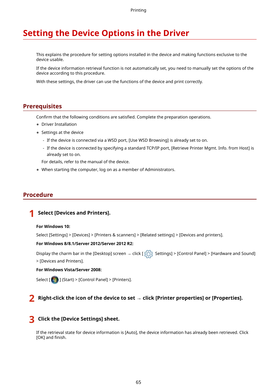 Setting the device options in the driver, Prerequisites, Procedure | Canon i-SENSYS MF244dw User Manual | Page 68 / 85