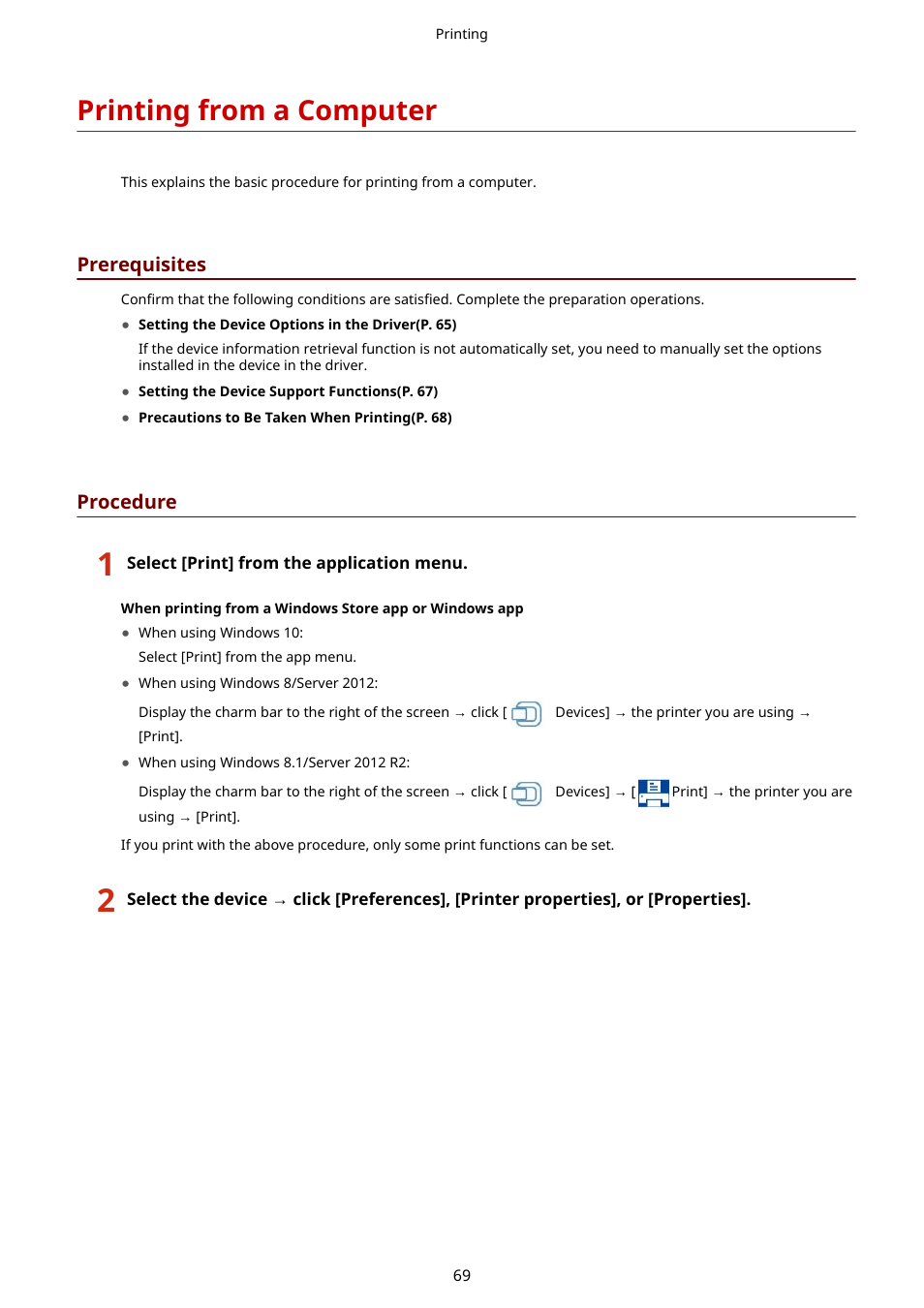 Printing from a computer, Printing from a computer(p. 69), Prerequisites | Procedure | Canon i-SENSYS MF244dw User Manual | Page 72 / 85