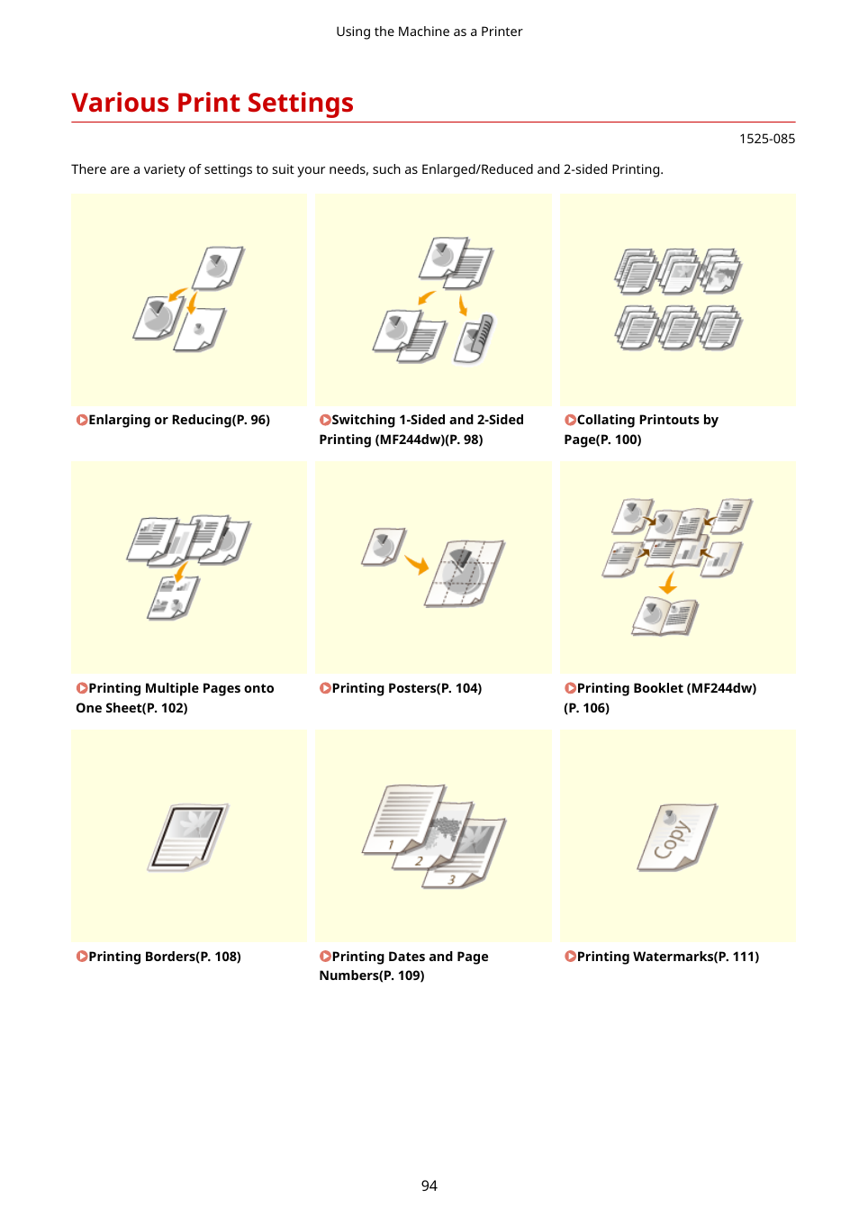 Various print settings, Various print settings(p. 94) | Canon i-SENSYS MF244dw User Manual | Page 100 / 477