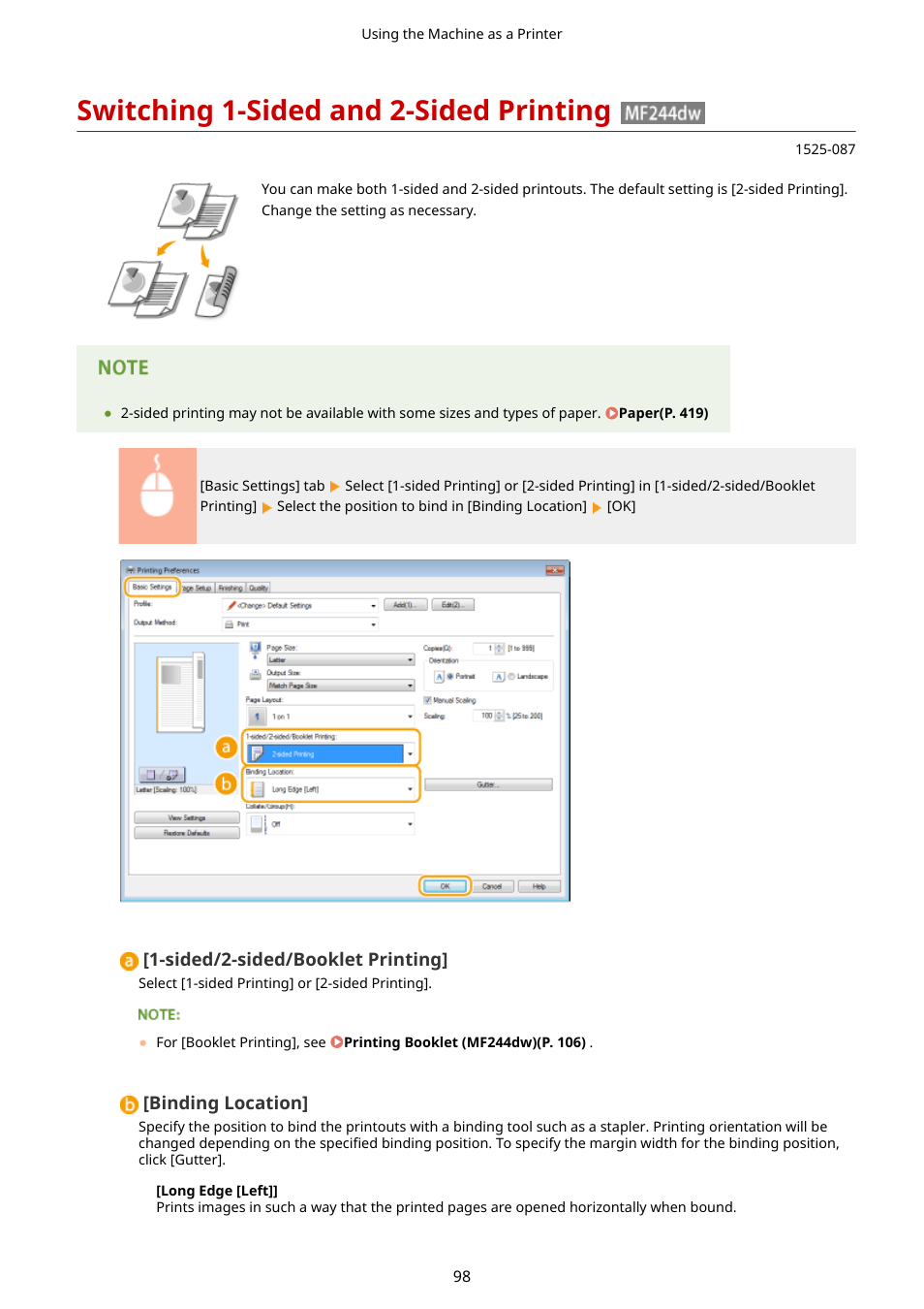 Switching 1-sided and 2-sided printing, Switching 1-sided and 2-sided printing (mf244dw), Switching 1-sided and 2-sided | Printing (mf244dw)(p. 98) | Canon i-SENSYS MF244dw User Manual | Page 104 / 477