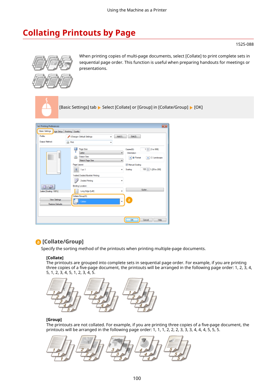 Collating printouts by, Collating printouts by page | Canon i-SENSYS MF244dw User Manual | Page 106 / 477