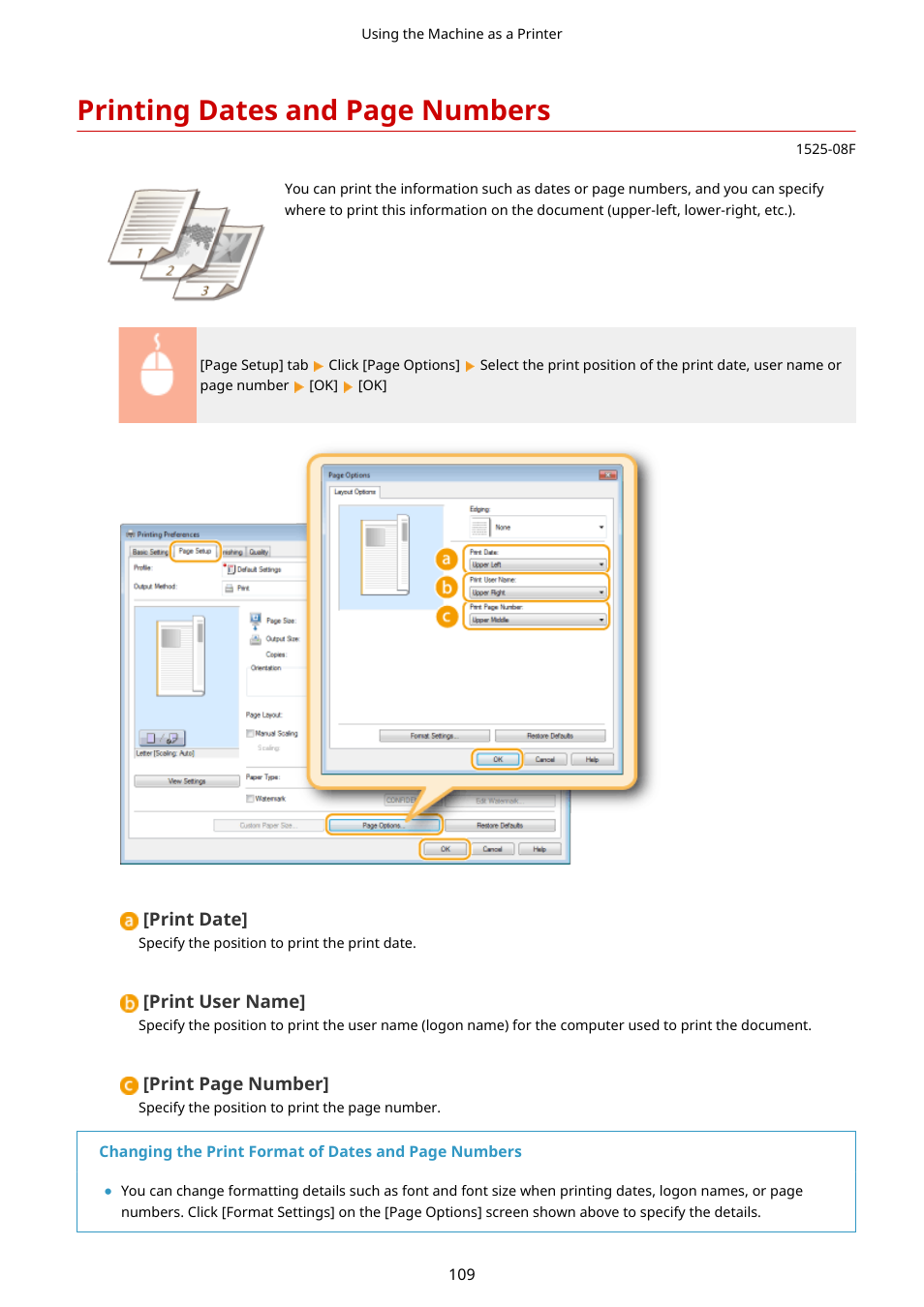 Numbers(p. 109), Printing dates and page numbers | Canon i-SENSYS MF244dw User Manual | Page 115 / 477