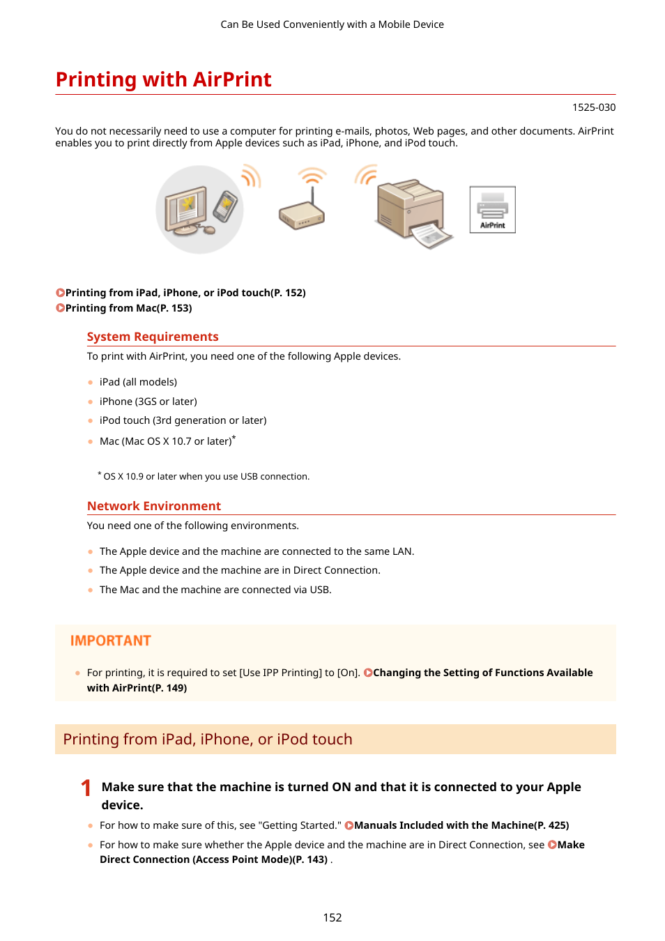 Printing with airprint, Printing with airprint(p. 152), Printing from ipad, iphone, or ipod touch | Canon i-SENSYS MF244dw User Manual | Page 158 / 477