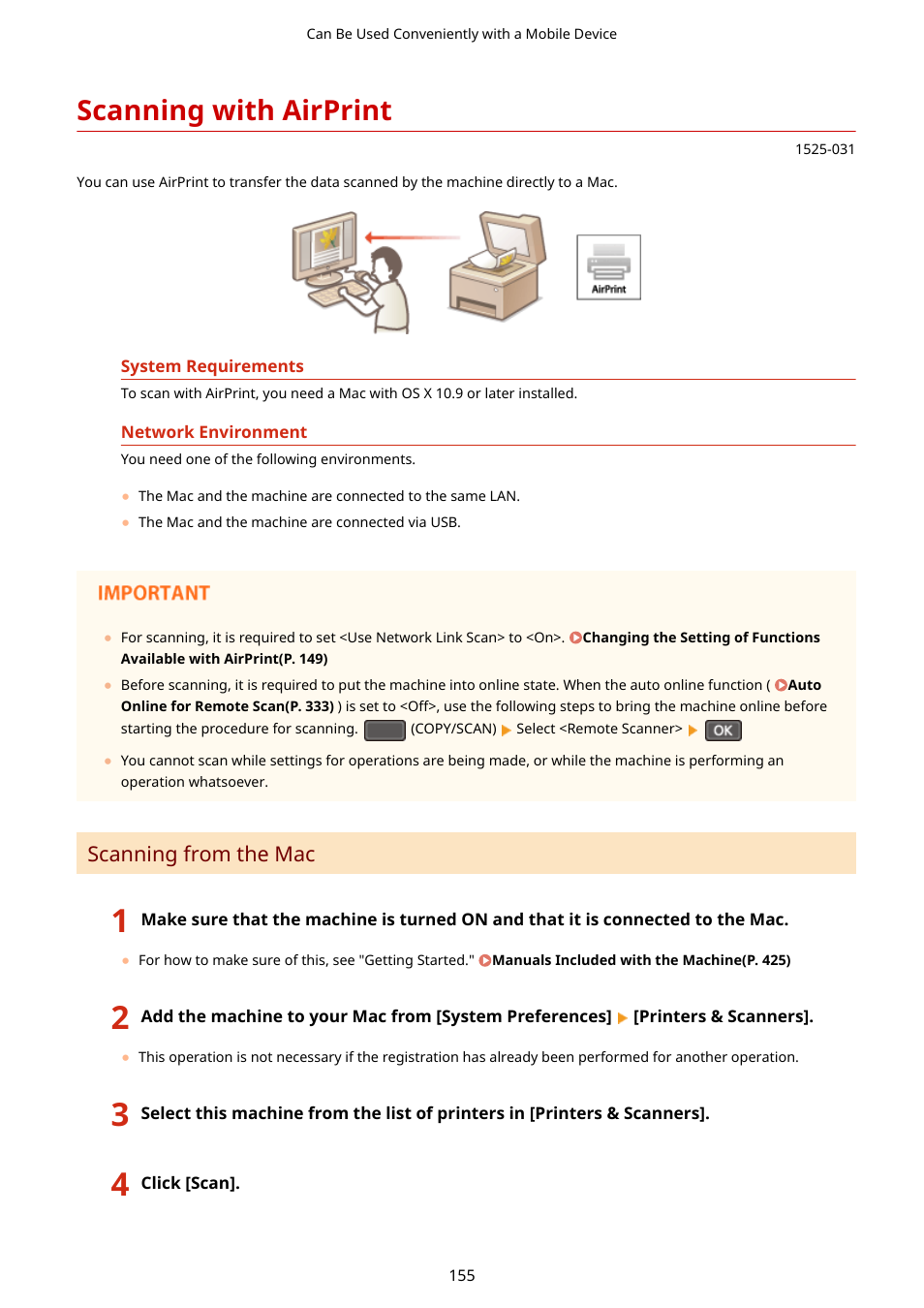 Scanning with airprint, Scanning with airprint(p. 155), Scanning from the mac | Canon i-SENSYS MF244dw User Manual | Page 161 / 477