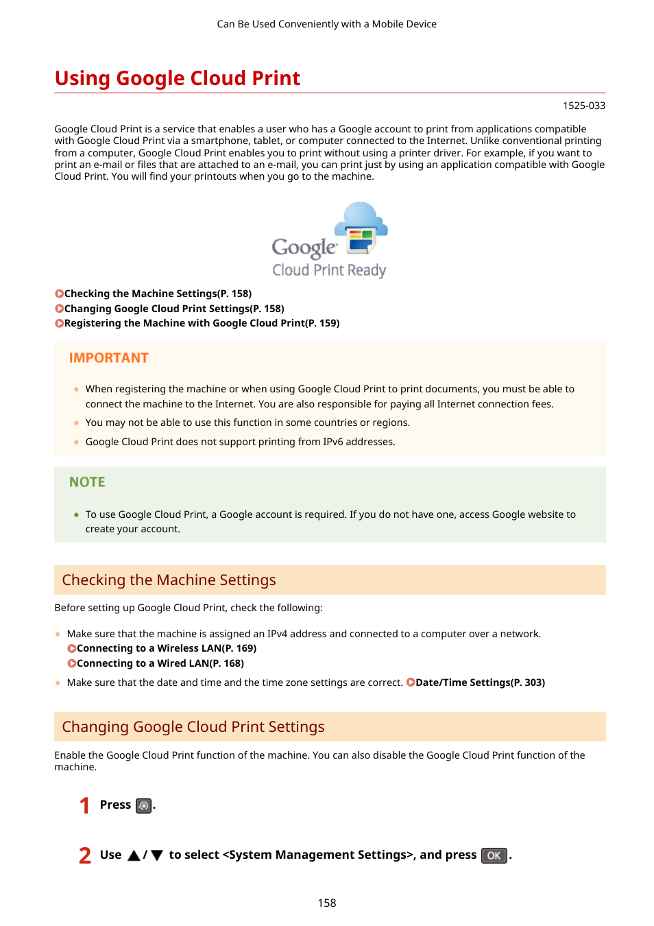 Using google cloud print, Checking the machine settings, Changing google cloud print settings | Canon i-SENSYS MF244dw User Manual | Page 164 / 477