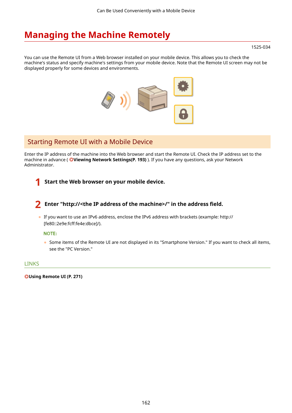 Managing the machine remotely, Starting remote ui with a mobile device | Canon i-SENSYS MF244dw User Manual | Page 168 / 477