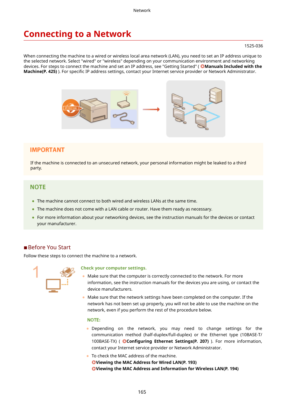 Connecting to a network, Connecting to a network(p. 165) | Canon i-SENSYS MF244dw User Manual | Page 171 / 477