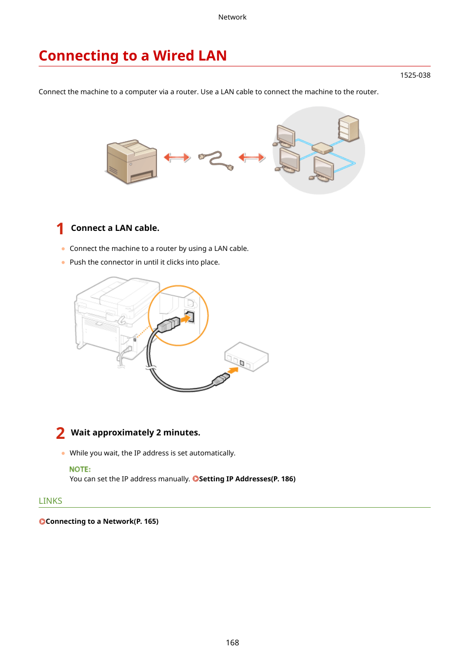 Connecting to a wired lan, Connecting to a wired lan(p. 168) | Canon i-SENSYS MF244dw User Manual | Page 174 / 477