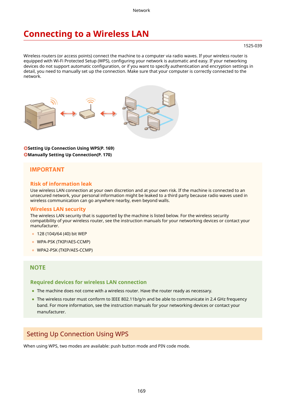 Connecting to a wireless lan, Connecting to a wireless lan(p. 169), Setting up connection using wps | Canon i-SENSYS MF244dw User Manual | Page 175 / 477