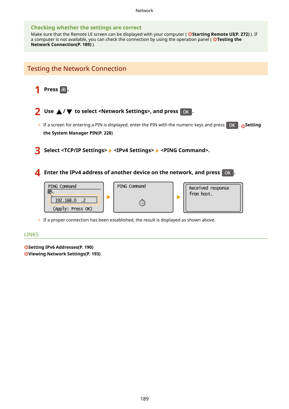 Testing the network connection(p. 189) | Canon i-SENSYS MF244dw User Manual | Page 195 / 477