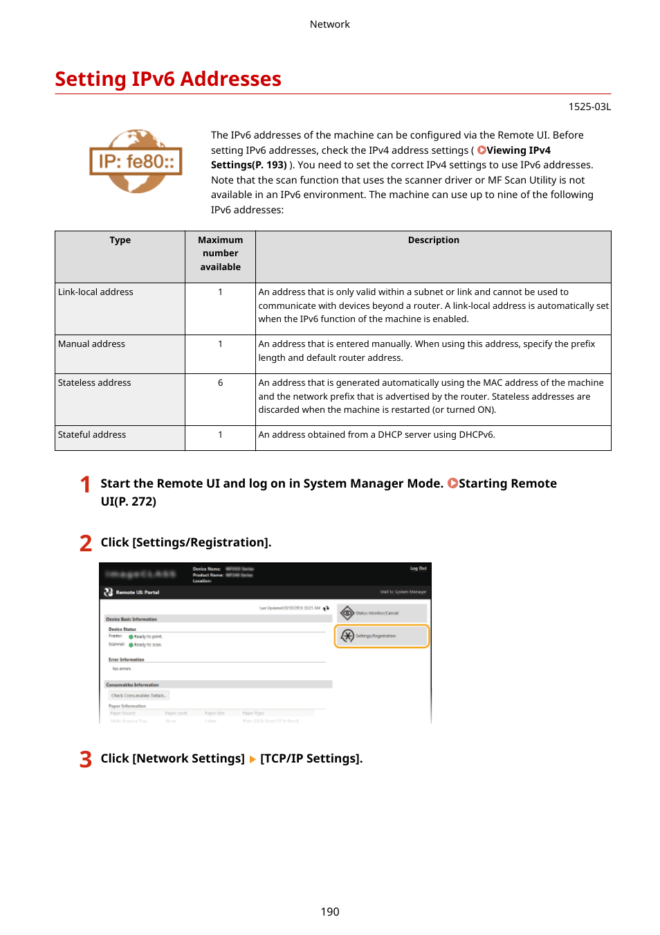 Setting ipv6 addresses, Setting ipv6 addresses(p. 190) | Canon i-SENSYS MF244dw User Manual | Page 196 / 477