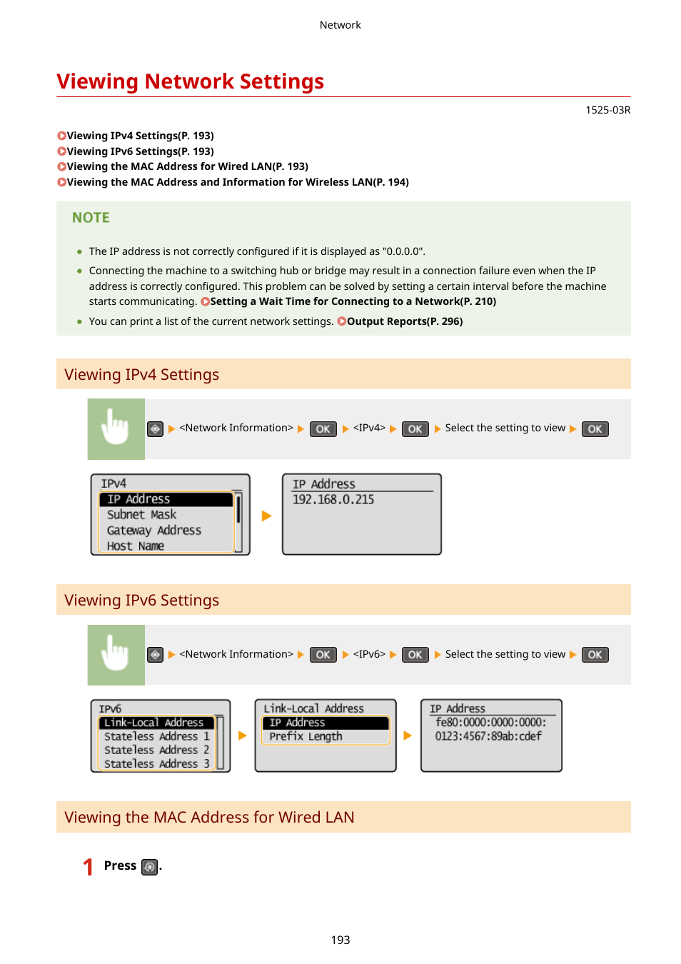 Viewing network settings, Viewing network settings(p. 193), Viewing the mac address for wired lan(p. 193) | Viewing ipv4 settings, Viewing ipv6 settings, Viewing the mac address for wired lan | Canon i-SENSYS MF244dw User Manual | Page 199 / 477