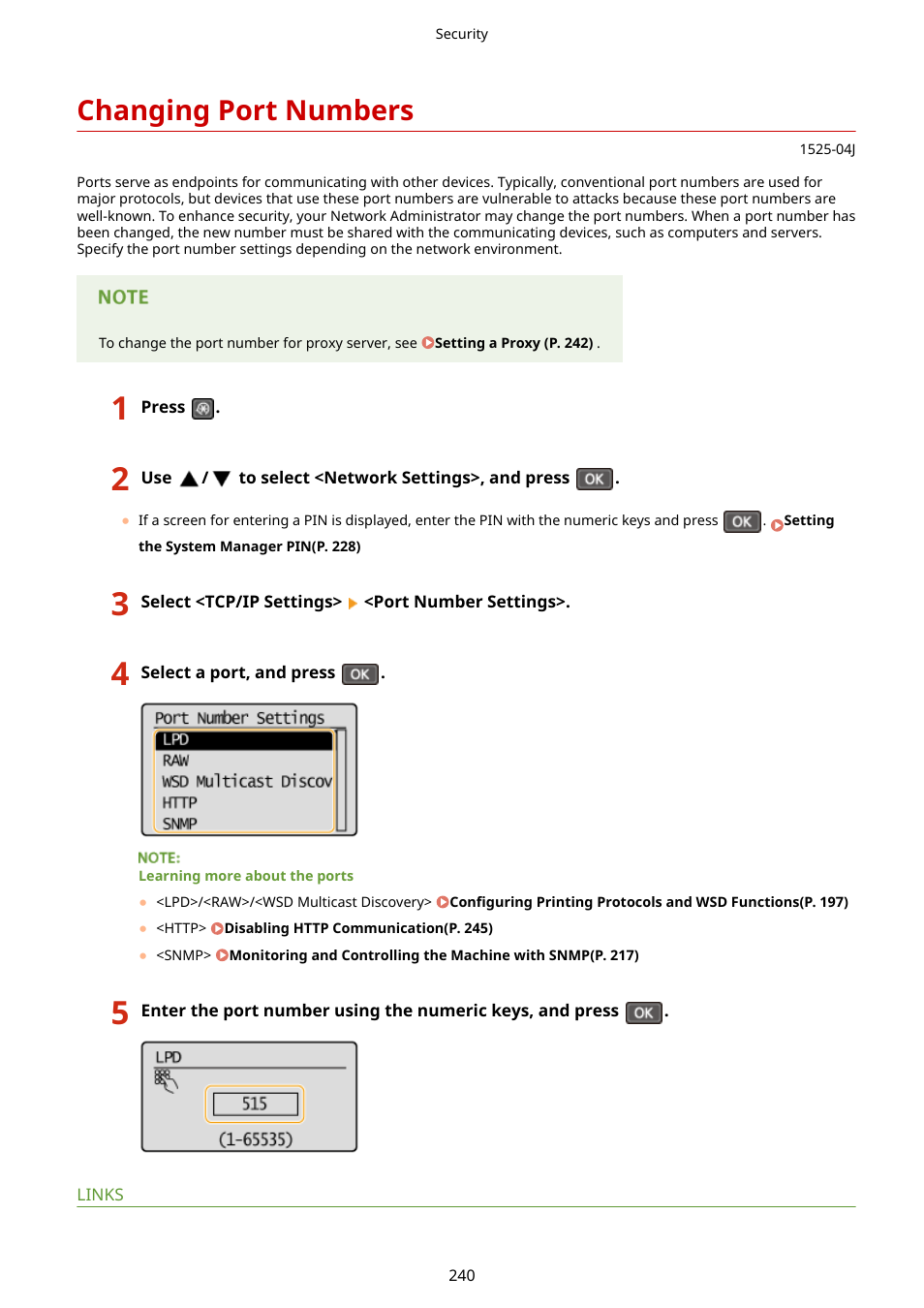 Changing port numbers, Changing port numbers (p. 240) | Canon i-SENSYS MF244dw User Manual | Page 246 / 477