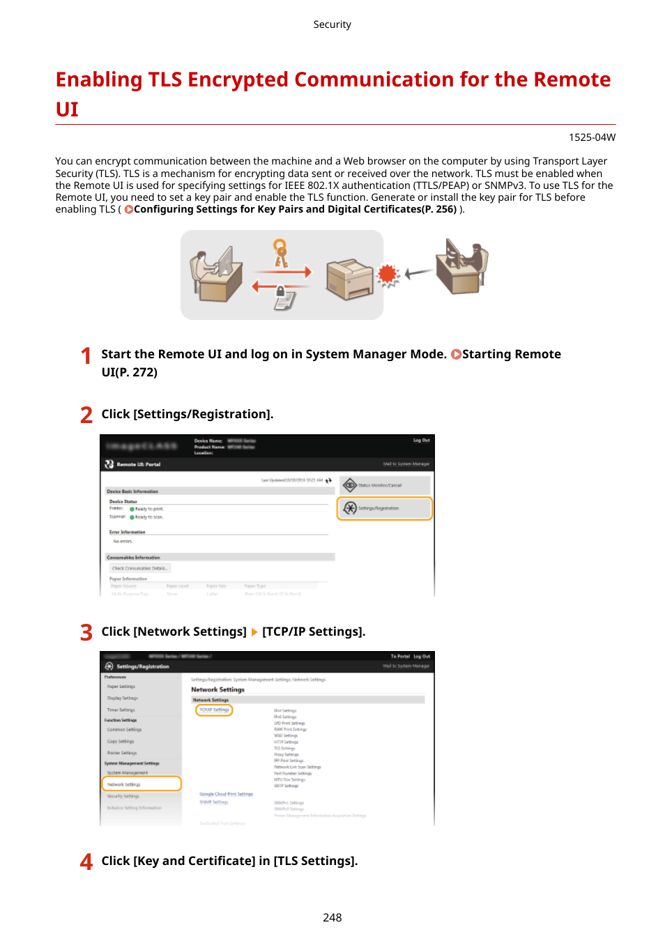 Enabling tls encrypted, Communication for the remote ui(p. 248) ) | Canon i-SENSYS MF244dw User Manual | Page 254 / 477