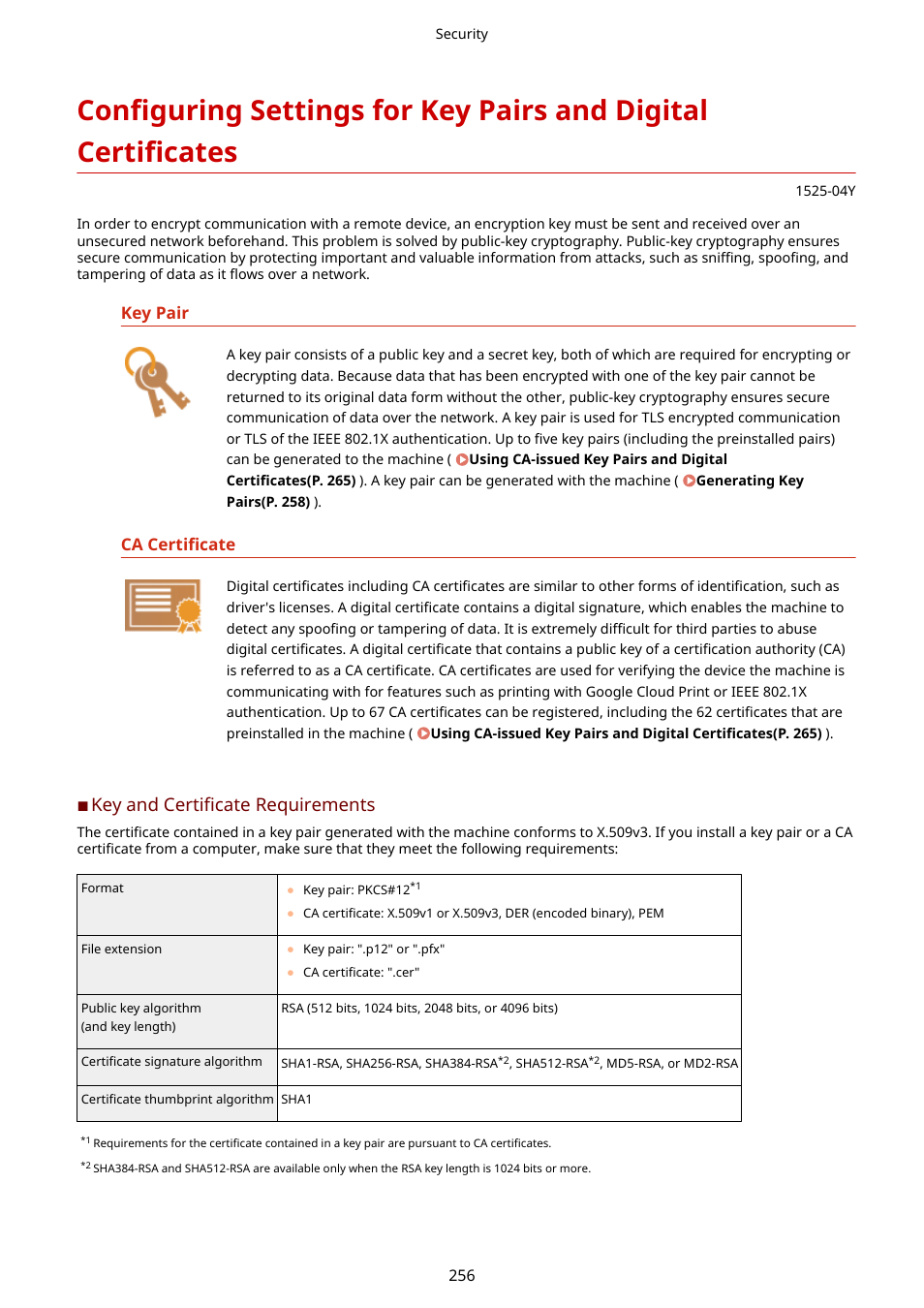 Key and certificate requirements, Key pair, Ca certificate | Canon i-SENSYS MF244dw User Manual | Page 262 / 477