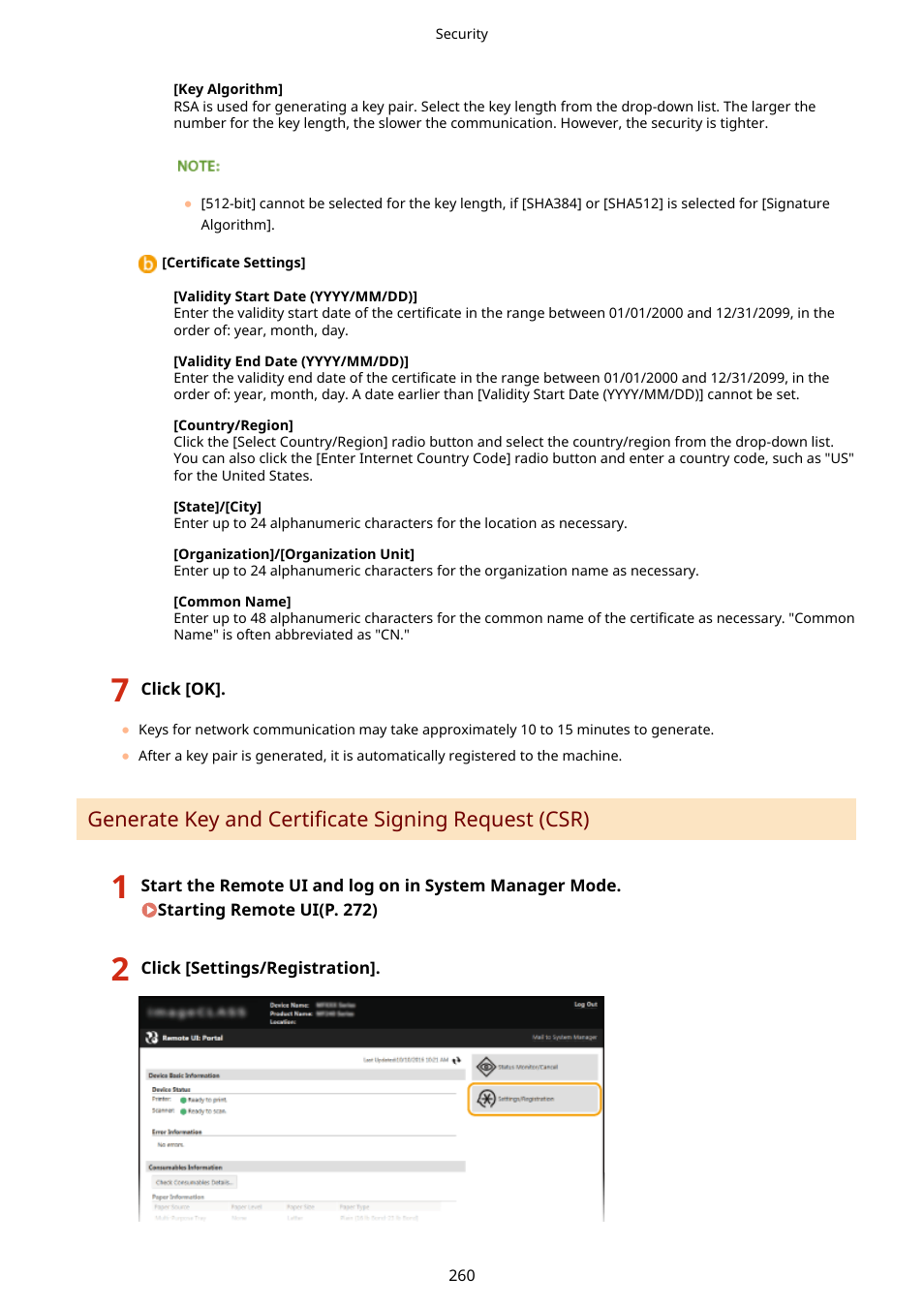 Generate key and certificate signing request (csr) | Canon i-SENSYS MF244dw User Manual | Page 266 / 477