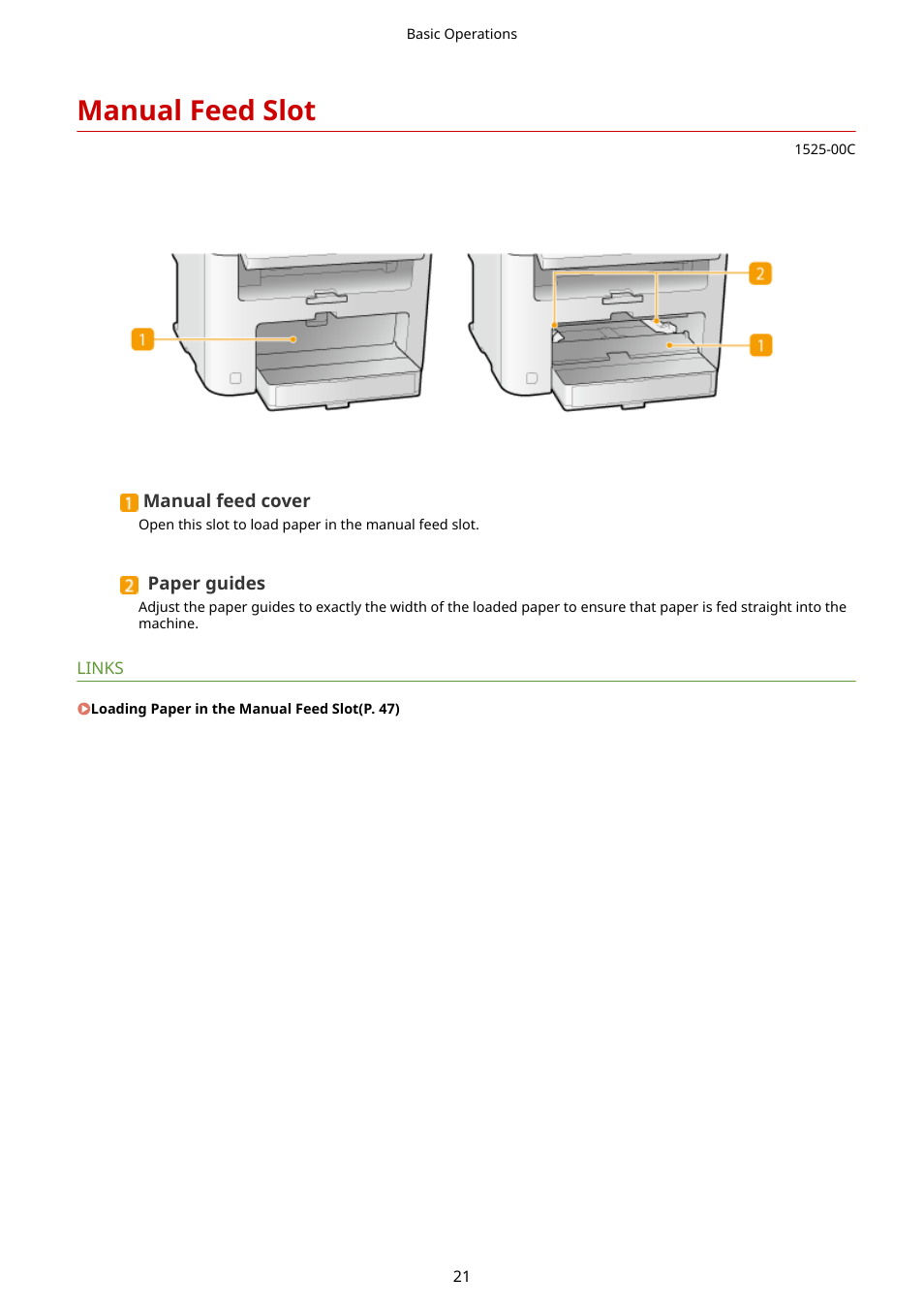 Manual feed slot, Manual feed slot(p. 21) | Canon i-SENSYS MF244dw User Manual | Page 27 / 477