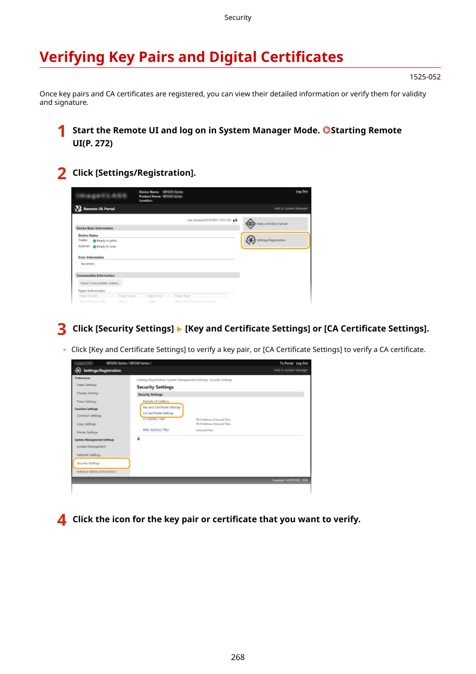 Verifying key pairs and digital certificates | Canon i-SENSYS MF244dw User Manual | Page 274 / 477