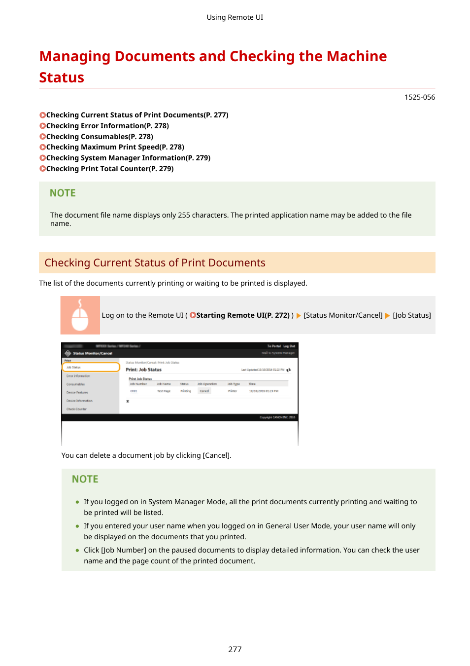 Managing documents and checking the machine status, Checking current status of print documents | Canon i-SENSYS MF244dw User Manual | Page 283 / 477