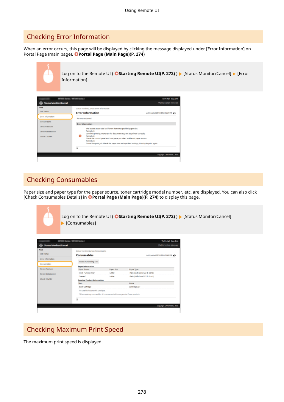 Checking, Consumables(p. 278), Checking error information | Checking consumables, Checking maximum print speed | Canon i-SENSYS MF244dw User Manual | Page 284 / 477