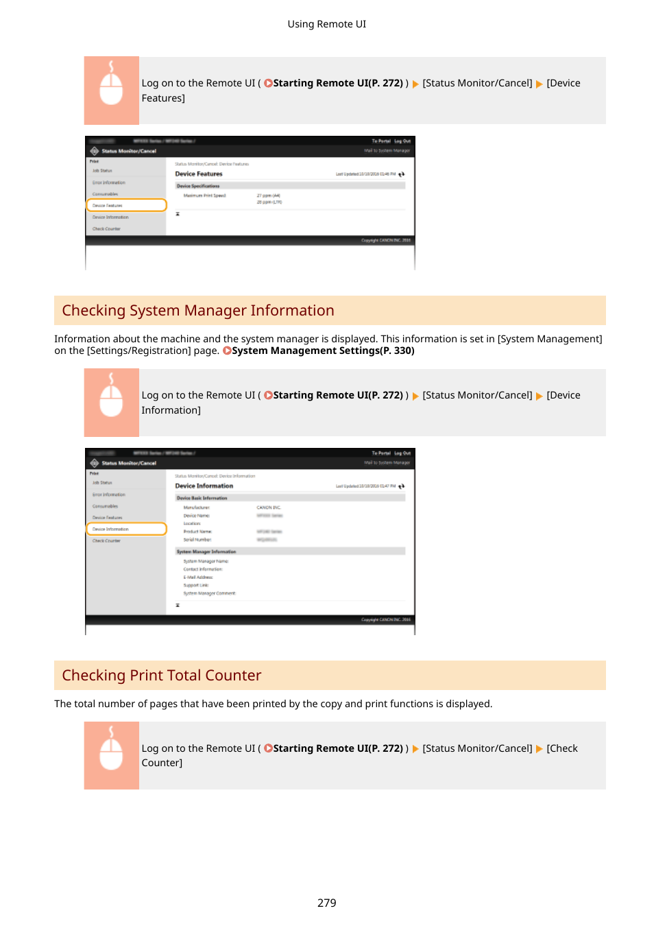 Checking system manager information, Checking print total counter | Canon i-SENSYS MF244dw User Manual | Page 285 / 477