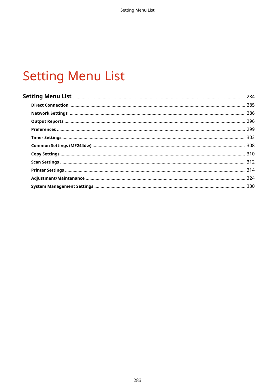 Setting menu list | Canon i-SENSYS MF244dw User Manual | Page 289 / 477