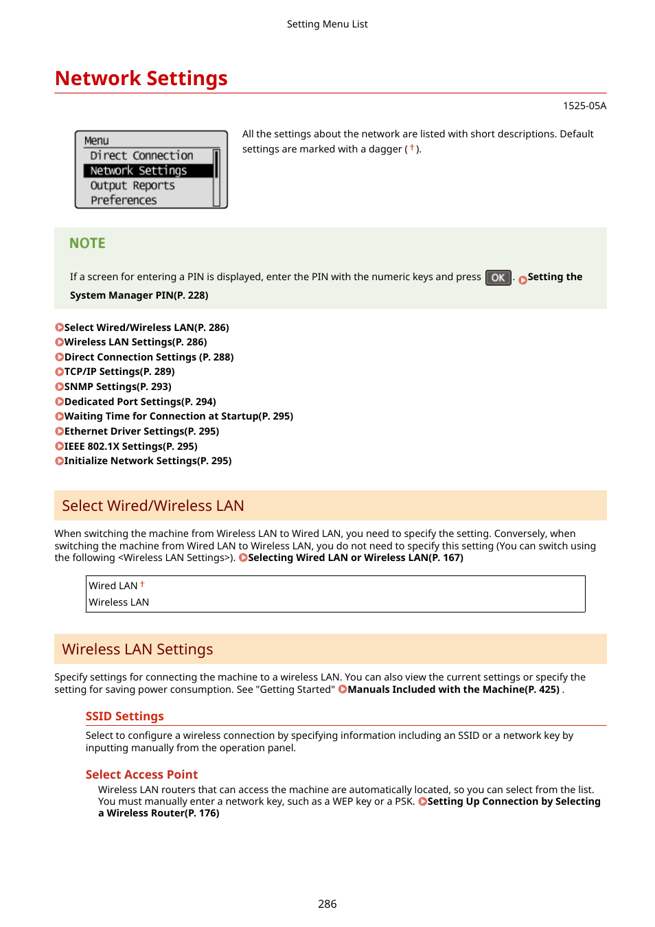 Network settings, Select wired/wireless lan, Wireless lan settings | Canon i-SENSYS MF244dw User Manual | Page 292 / 477