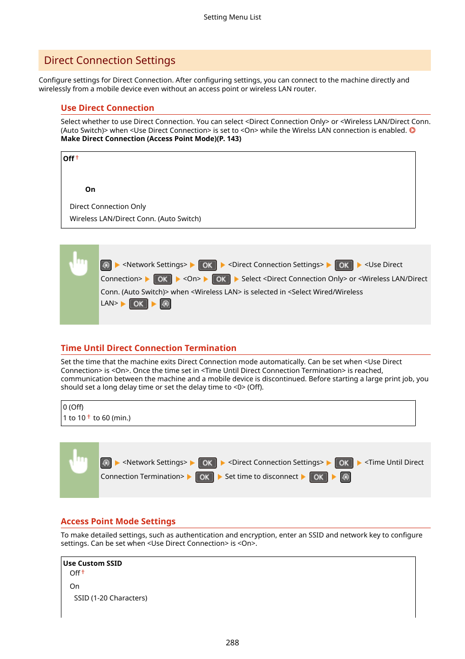 Direct connection settings (p. 288), Direct connection settings | Canon i-SENSYS MF244dw User Manual | Page 294 / 477