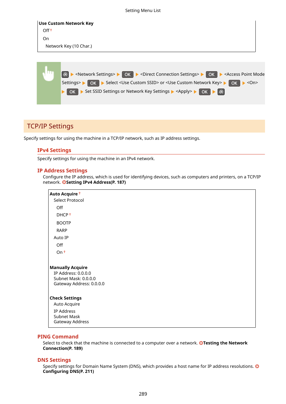 Ipv4 settings(p. 289), Tcp/ip settings(p. 289), Tcp/ip settings | Canon i-SENSYS MF244dw User Manual | Page 295 / 477