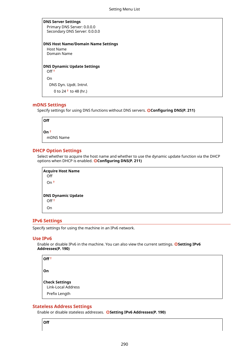 Ipv6 settings(p. 290) | Canon i-SENSYS MF244dw User Manual | Page 296 / 477
