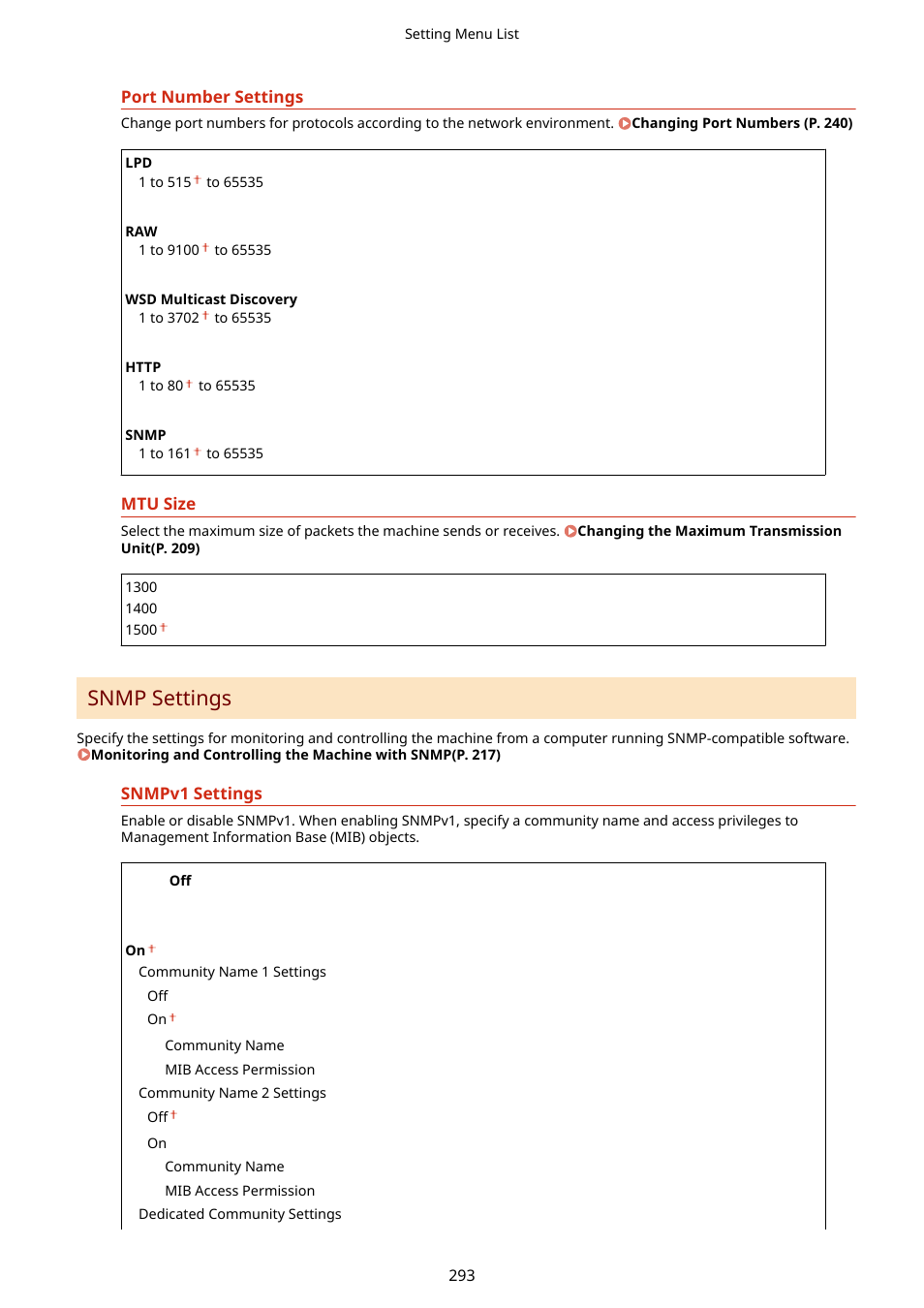 Snmp settings(p. 293), Snmp settings | Canon i-SENSYS MF244dw User Manual | Page 299 / 477
