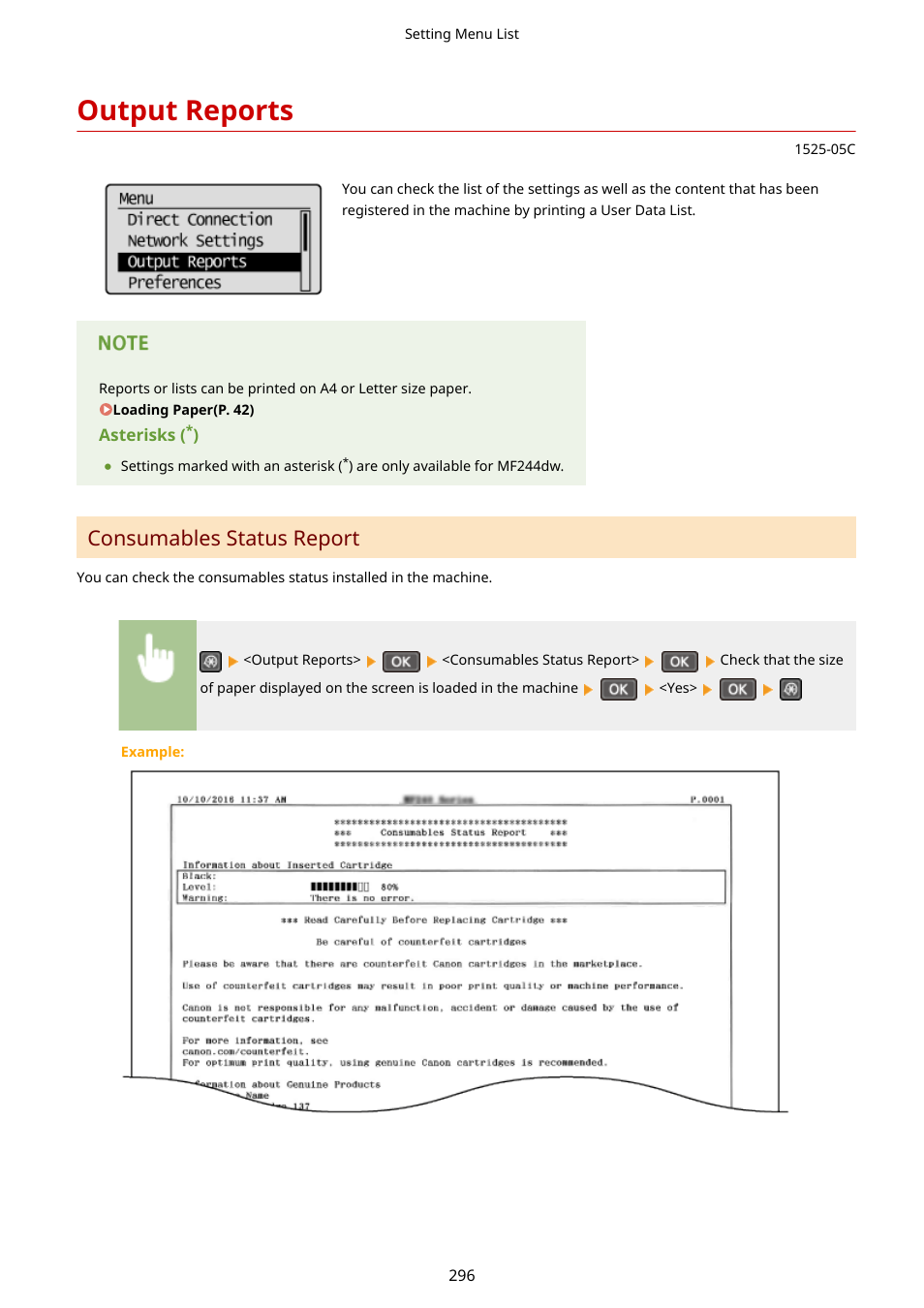 Output reports, Output reports(p. 296), Consumables status report | Canon i-SENSYS MF244dw User Manual | Page 302 / 477