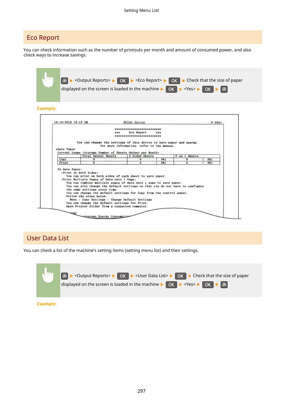 Eco report, User data list | Canon i-SENSYS MF244dw User Manual | Page 303 / 477
