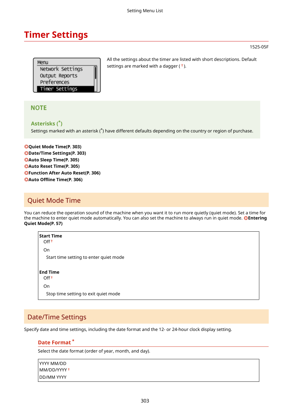 Timer settings, Date/time settings(p. 303), Timer settings(p. 303) | Quiet mode time, Date/time settings | Canon i-SENSYS MF244dw User Manual | Page 309 / 477
