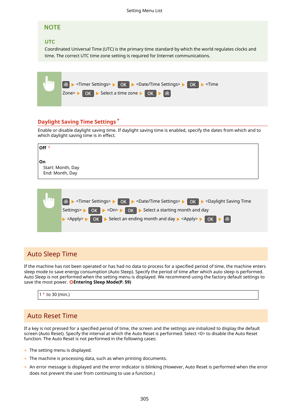 Auto sleep time(p. 305) auto reset time(p. 305), Auto sleep time, Auto reset time | Canon i-SENSYS MF244dw User Manual | Page 311 / 477