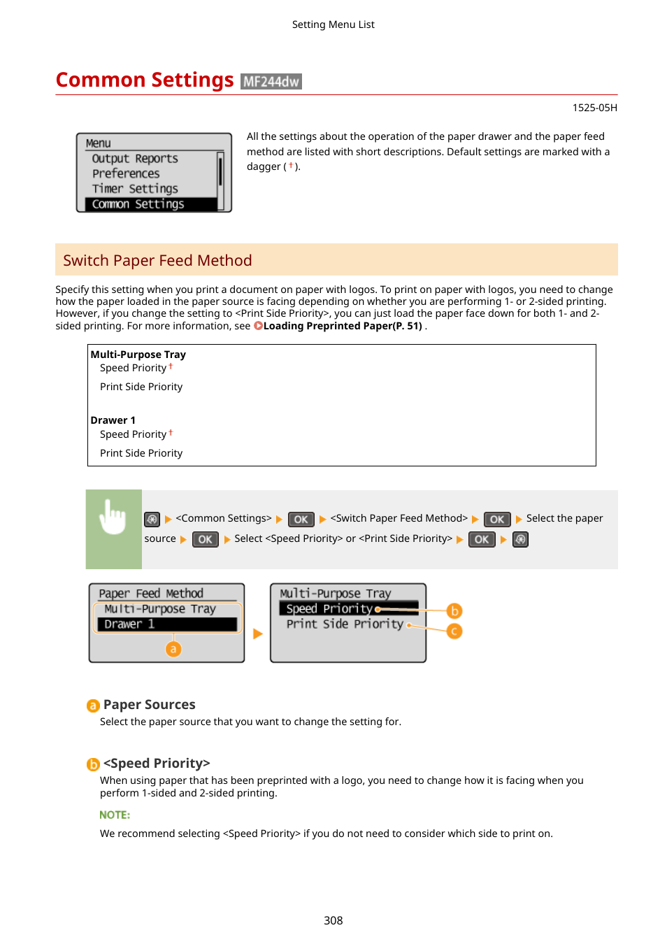 Common settings, Common settings (mf244dw), Common settings (mf244dw)(p. 308) | Switch paper feed method | Canon i-SENSYS MF244dw User Manual | Page 314 / 477