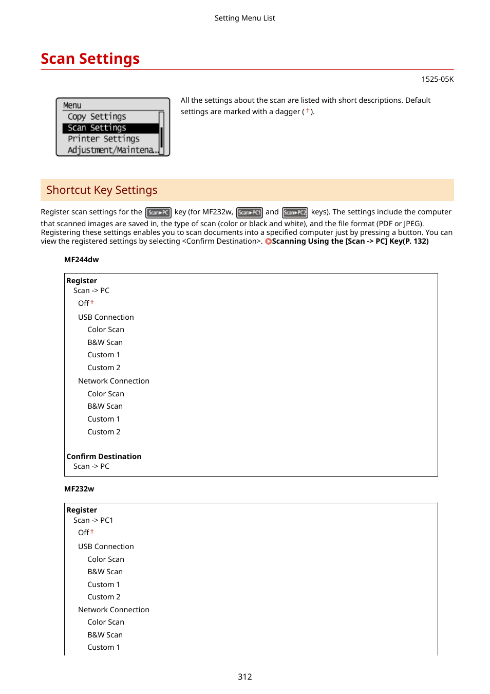 Scan settings, Shortcut key settings | Canon i-SENSYS MF244dw User Manual | Page 318 / 477