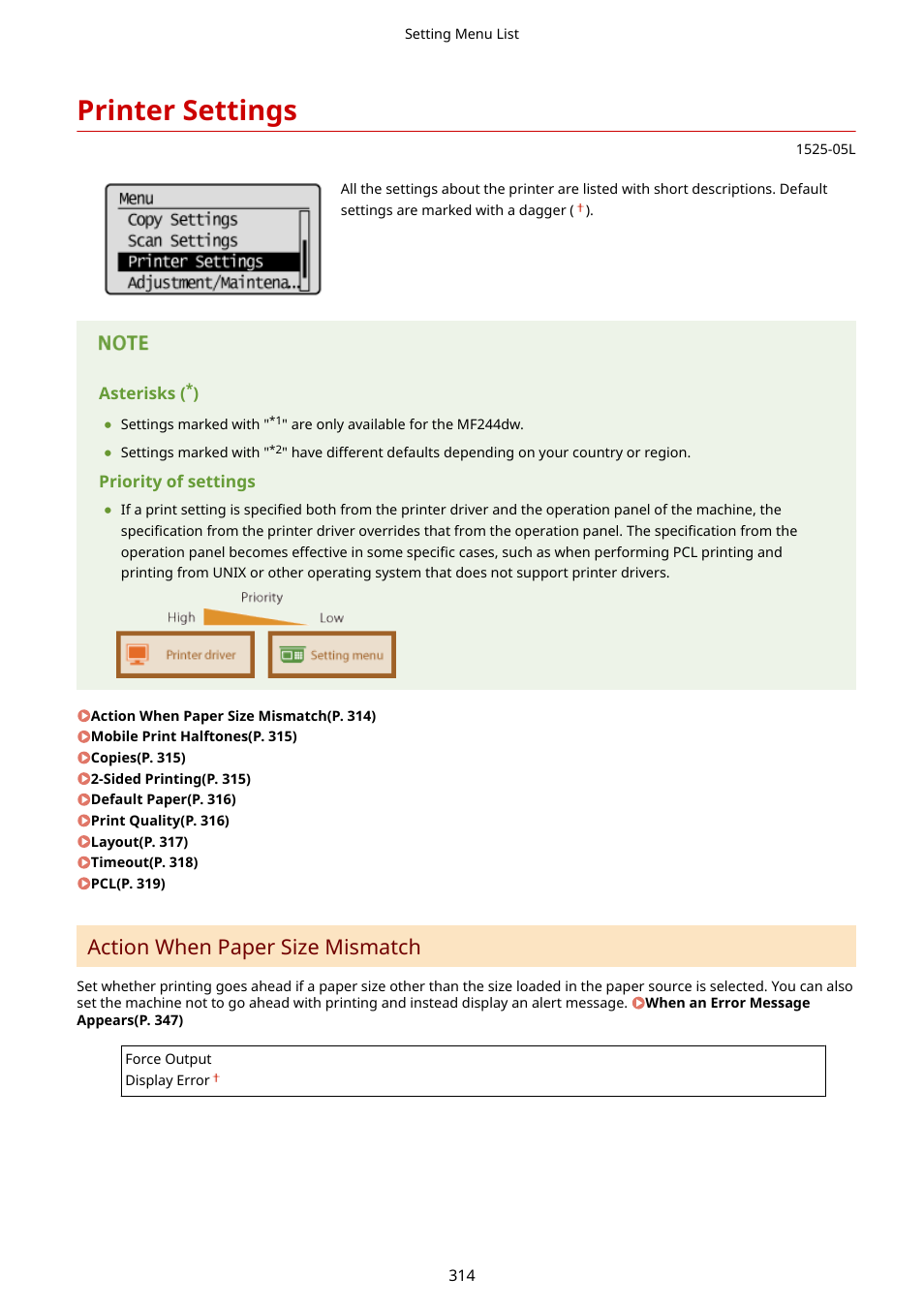 Printer settings, Printer settings(p. 314), Action when paper size mismatch | Canon i-SENSYS MF244dw User Manual | Page 320 / 477