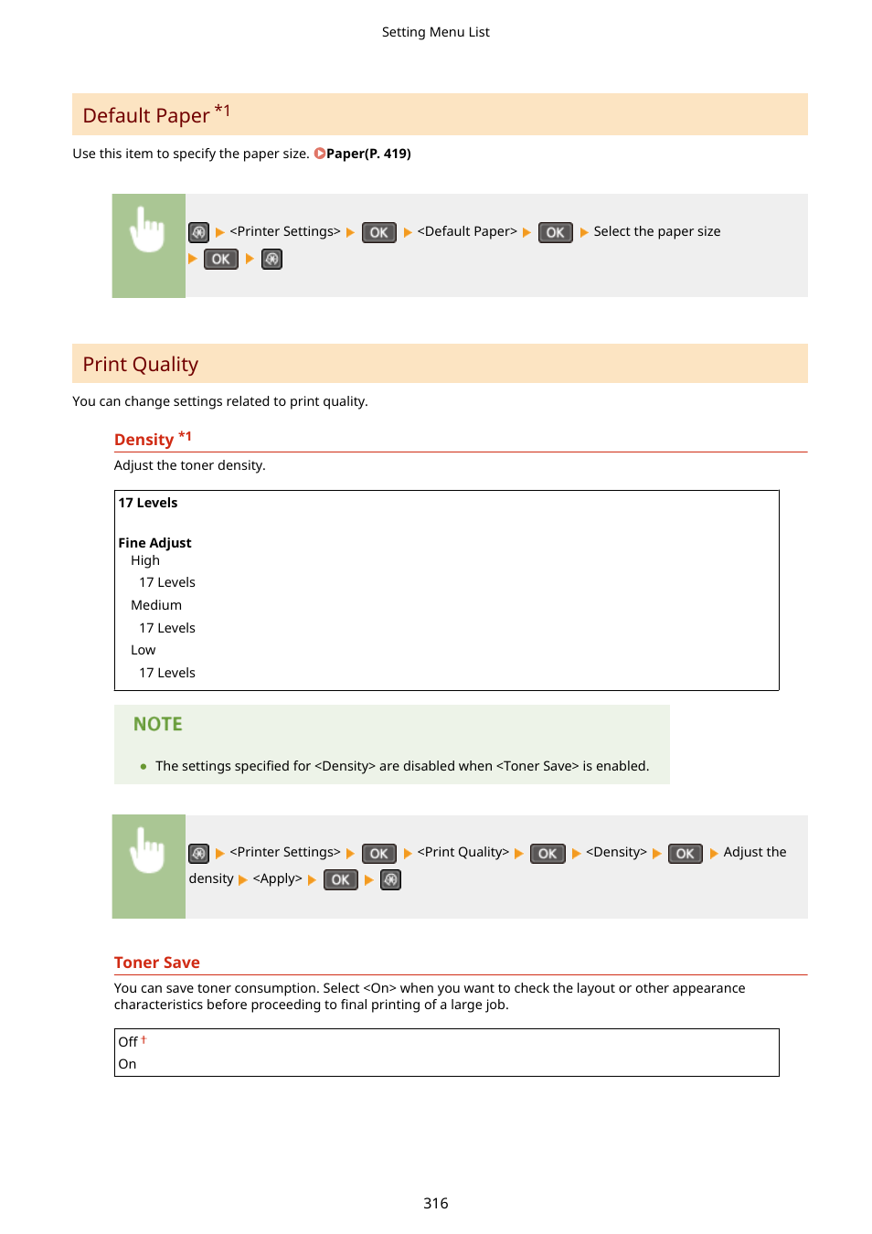 Default paper(p. 316) print quality(p. 316), Default paper, Print quality | Canon i-SENSYS MF244dw User Manual | Page 322 / 477
