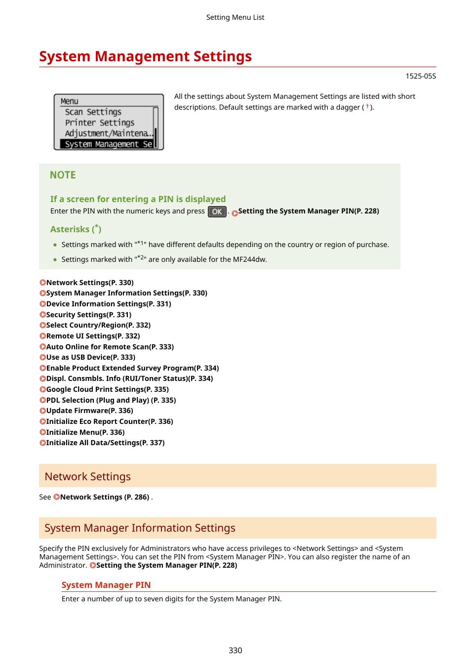 System management settings, System management settings(p. 330), Network settings | System manager information settings | Canon i-SENSYS MF244dw User Manual | Page 336 / 477