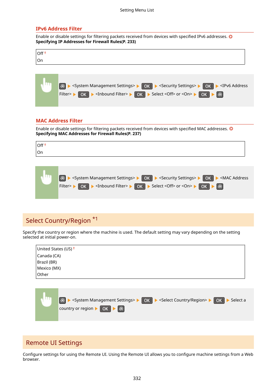 Ation panel. remote ui settings(p. 332), Ipv6, Address filter (p. 332) | Select country/region, Remote ui settings | Canon i-SENSYS MF244dw User Manual | Page 338 / 477