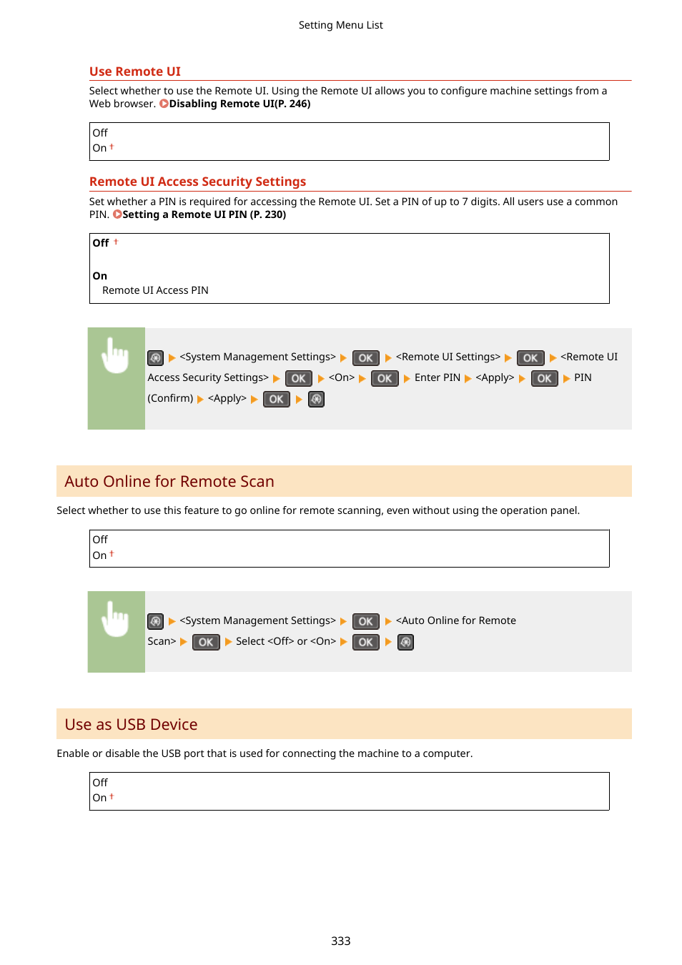 Auto online for remote scan, Use as usb device | Canon i-SENSYS MF244dw User Manual | Page 339 / 477