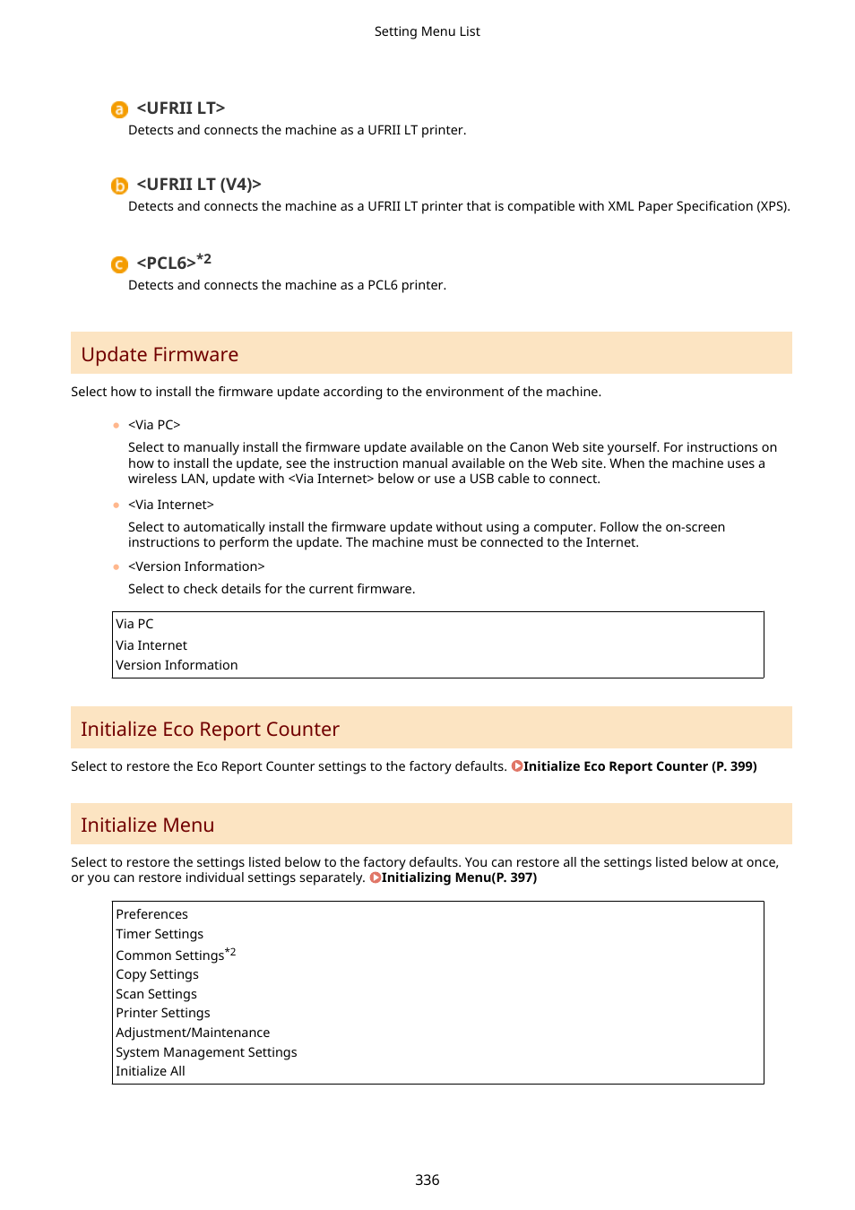 Update firmware, Initialize eco report counter, Initialize menu | Canon i-SENSYS MF244dw User Manual | Page 342 / 477