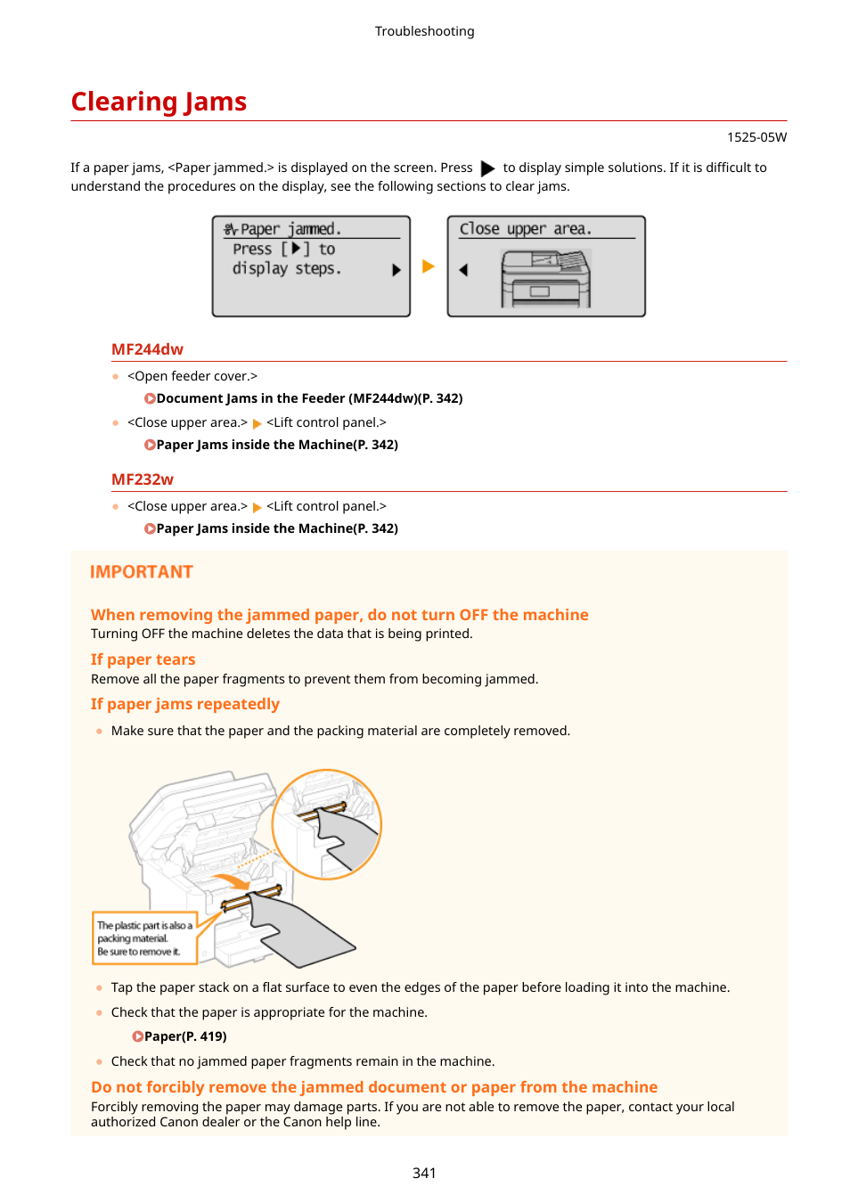 Clearing jams, Clearing jams(p. 341) | Canon i-SENSYS MF244dw User Manual | Page 347 / 477