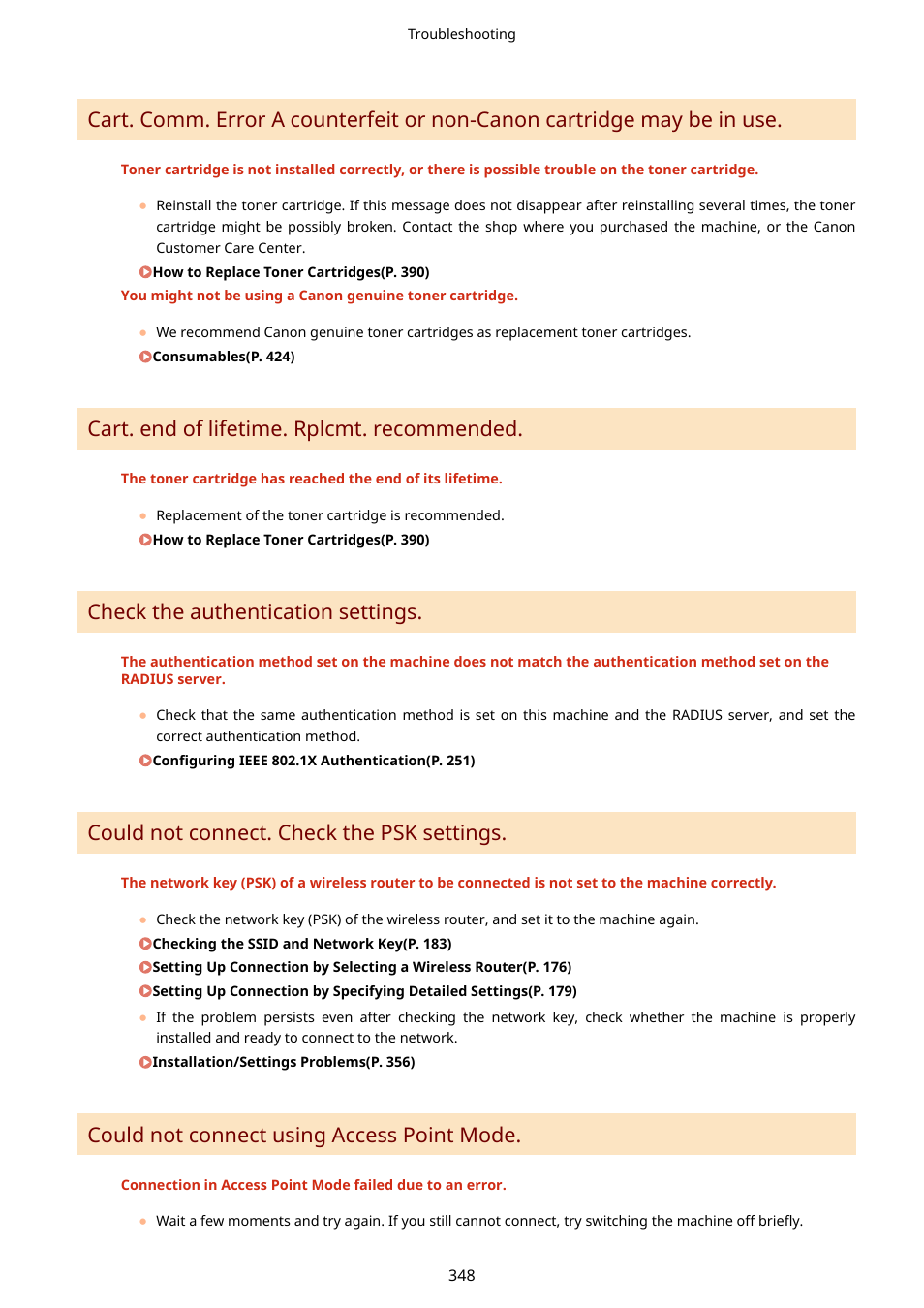 Cart. end of lifetime. rplcmt. recommended, Check the authentication settings, Could not connect. check the psk settings | Could not connect using access point mode | Canon i-SENSYS MF244dw User Manual | Page 354 / 477