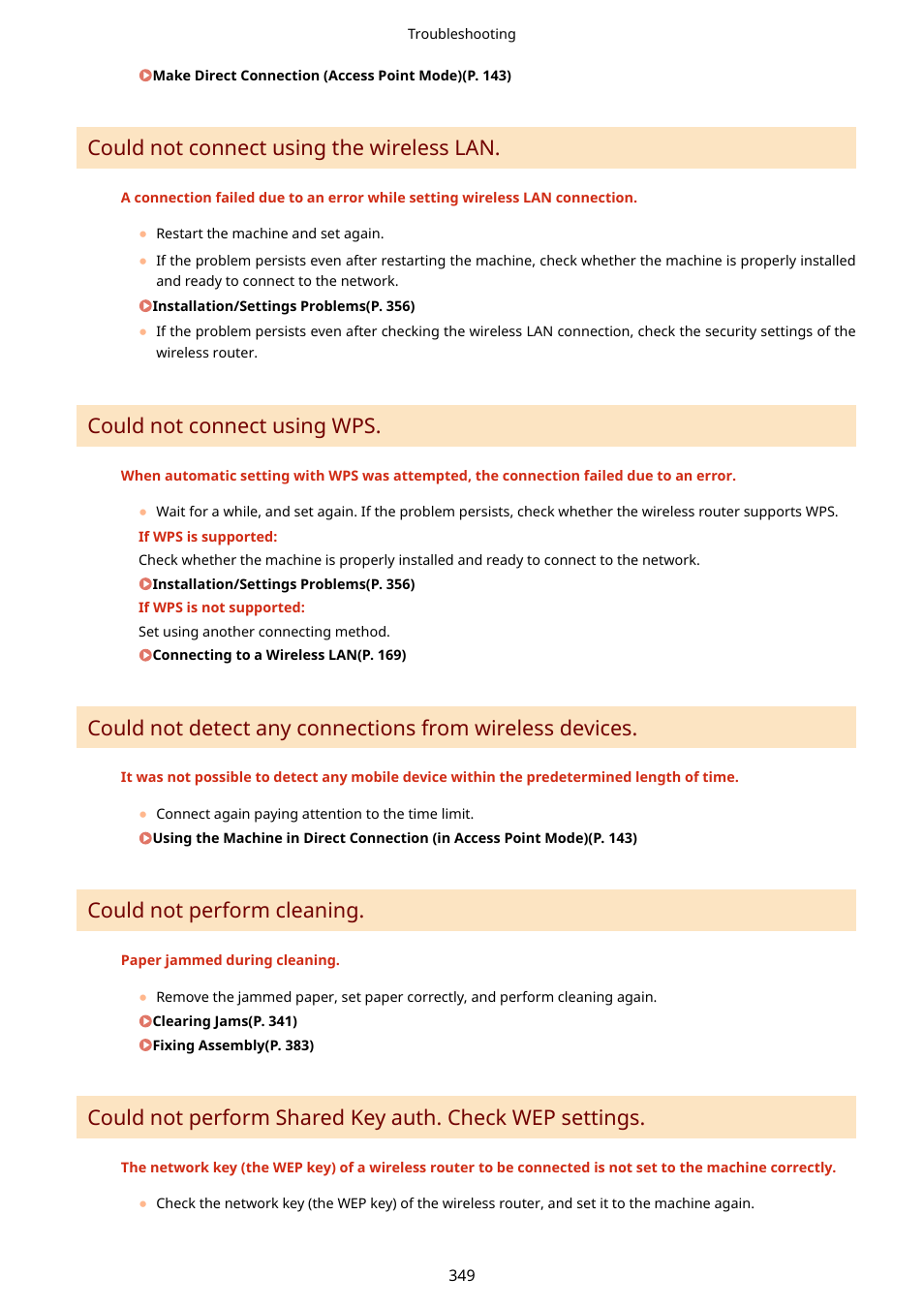 Could not connect using the wireless lan, Could not connect using wps, Could not perform cleaning | Canon i-SENSYS MF244dw User Manual | Page 355 / 477
