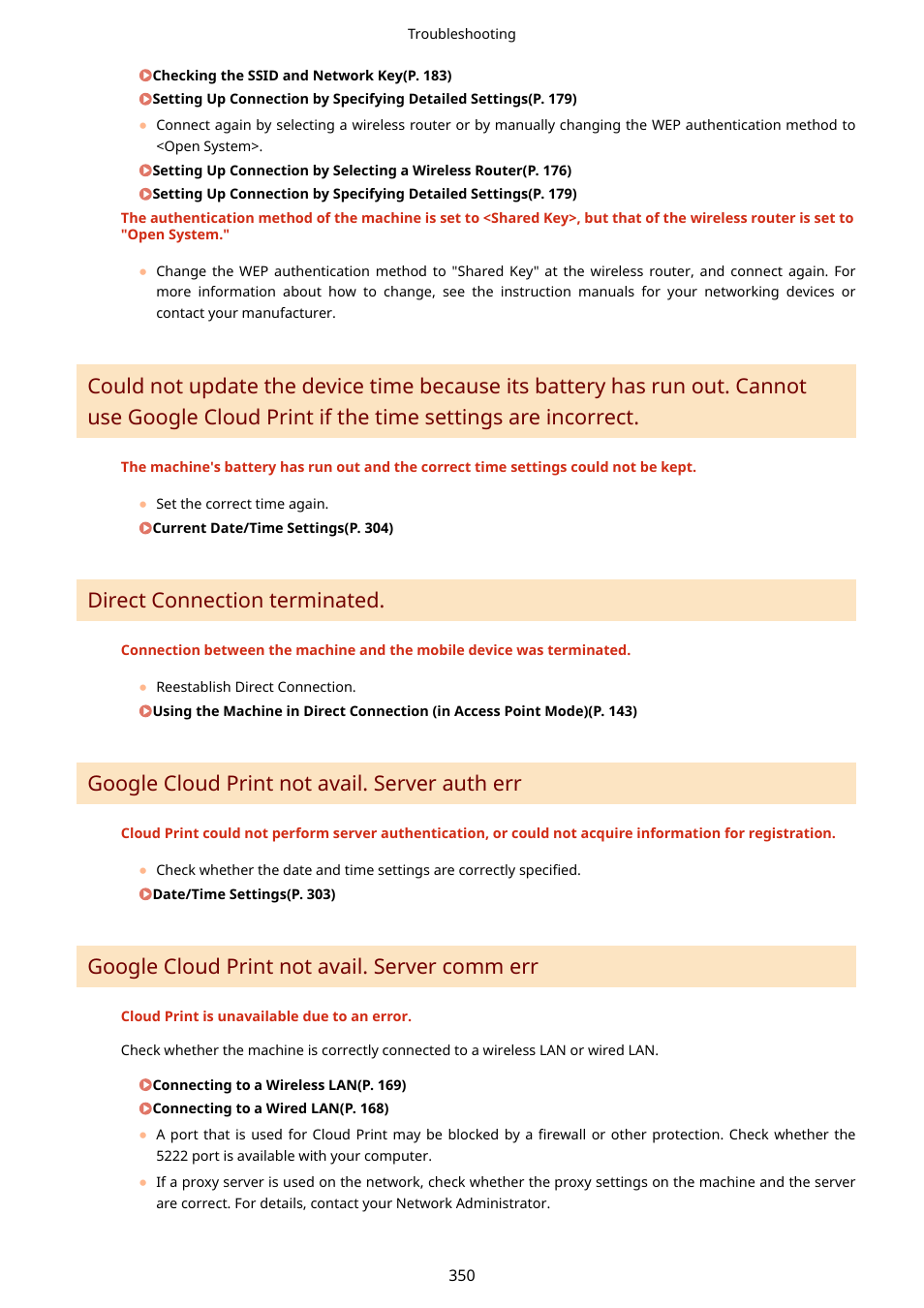 Direct connection terminated, Google cloud print not avail. server auth err, Google cloud print not avail. server comm err | Canon i-SENSYS MF244dw User Manual | Page 356 / 477